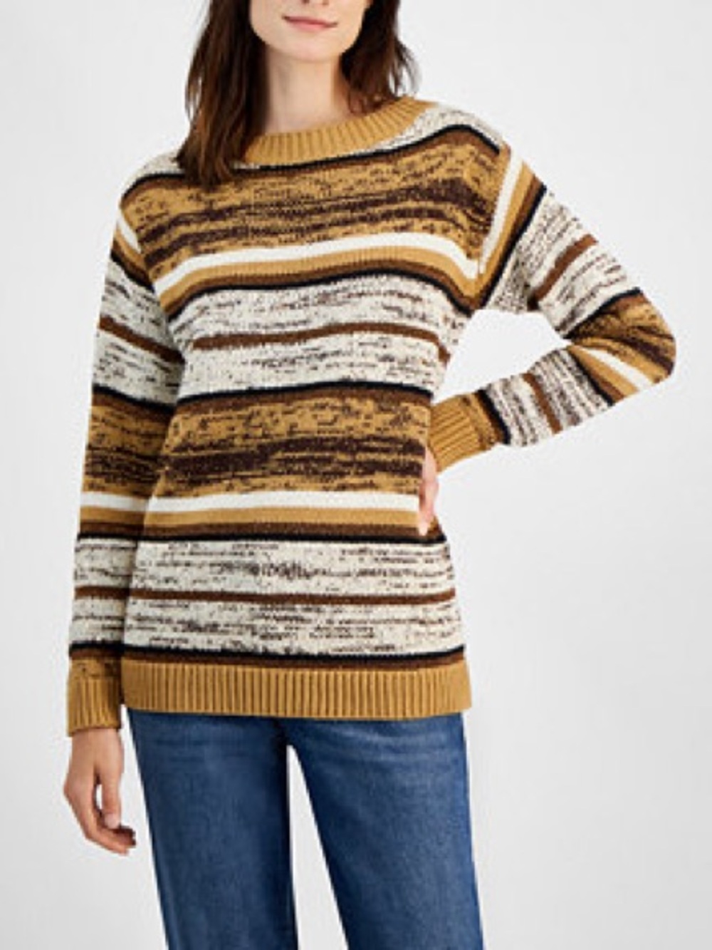 Style & Co. Striped Crewneck Sweater in Mustard, Brown & Cream
